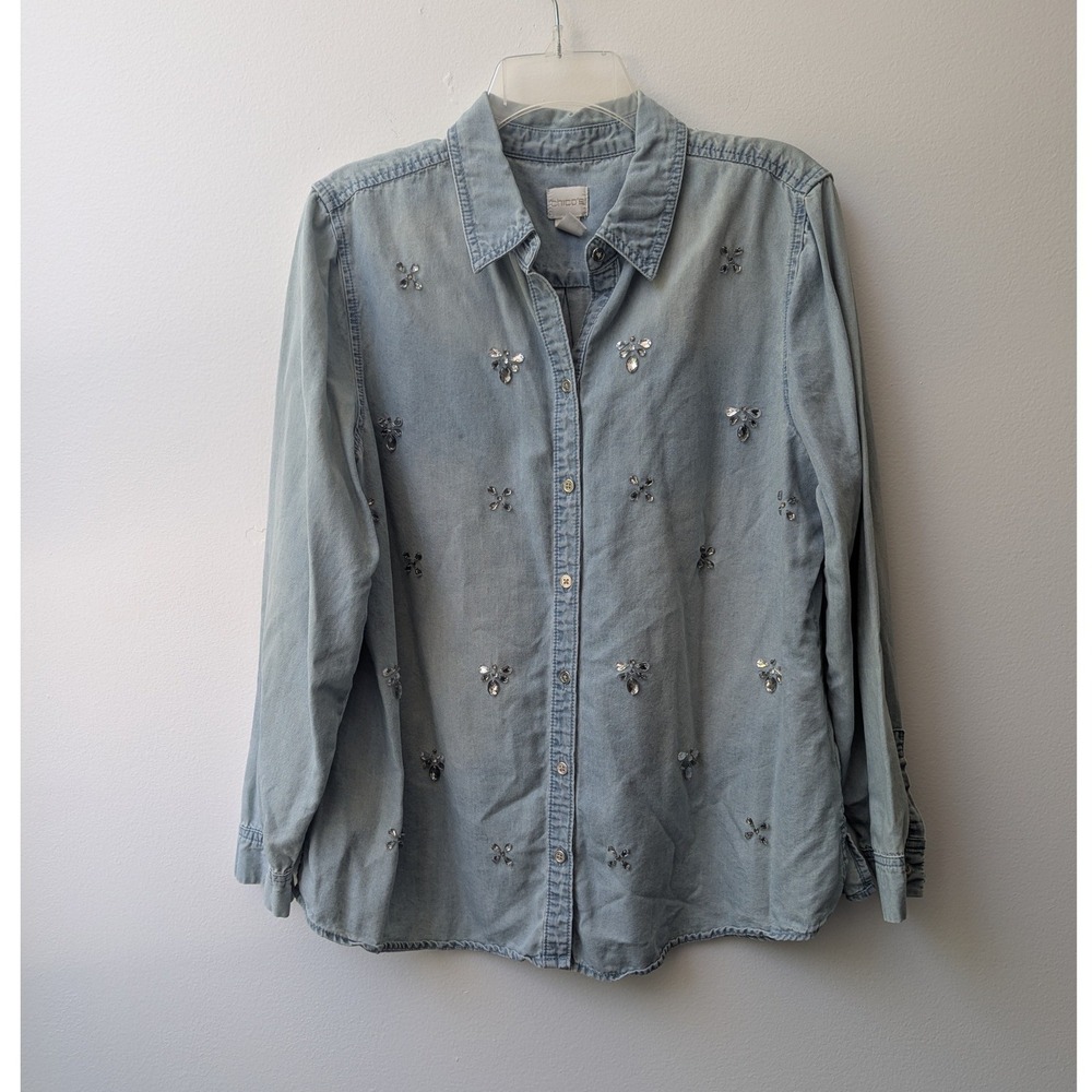Chico's Button Up Shirt Chambray Blue Rhinestone Embellished Sz 2 (L) Boho